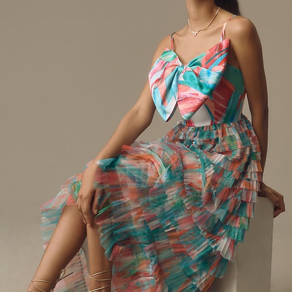 Hutch Anthropologie Multicolor Tiered Tulle Maxi Dress w Bow front detailing 16W